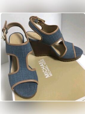 Michael Kors Washed Denim Wedge Sandals W/ Tan Trim -Sz 8.5